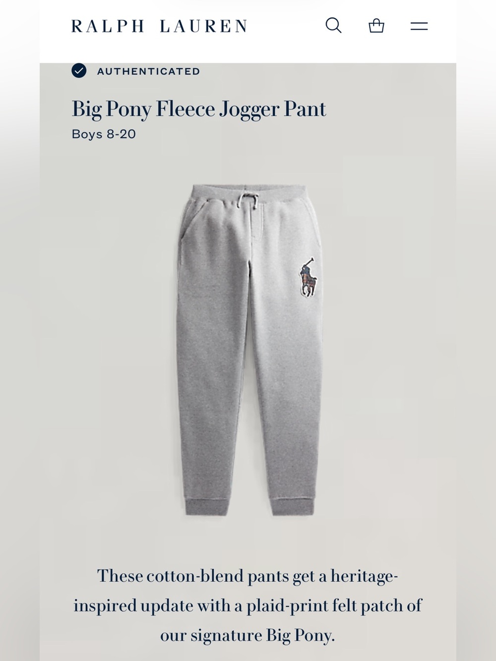 Polo Ralph Lauren Boys Big Pony Fleece Jogger Pant Size Large 14/16